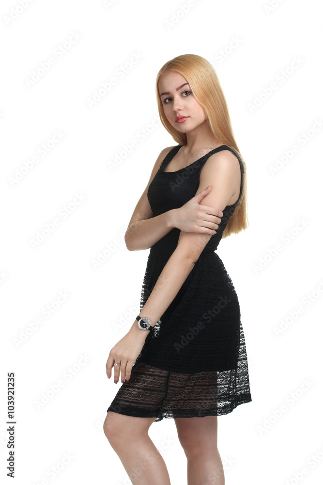 beautiful and cheerful girl in black dress on white isolated background beautiful and cheerful girl in black dress on white isolated background