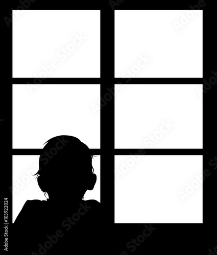 Silhouette of young baby looking out window. Easy editable layered vector illustration.