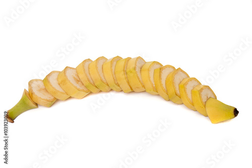 Tasty sliced banana fruit isolated on white background.