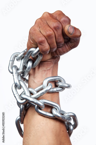 hand with chain isolated on white background.
