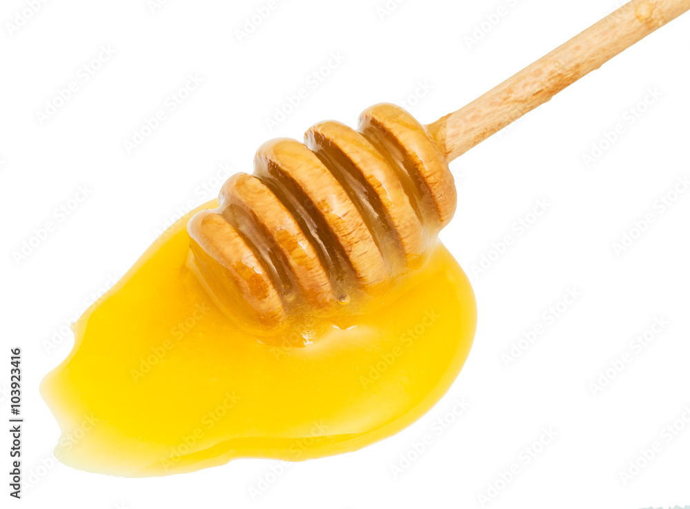 puddle of yellow honey and wooden stick close up puddle of yellow honey and wooden stick close up