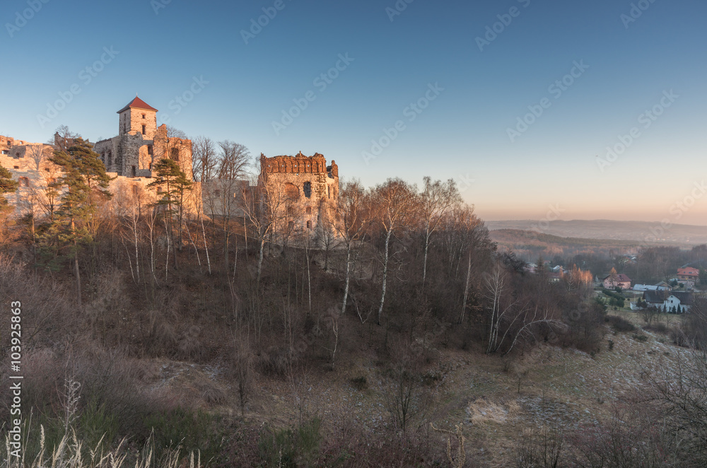 Ruins of medieval castle Teczyn in Rudno, Poland, in the evening, vintage photo