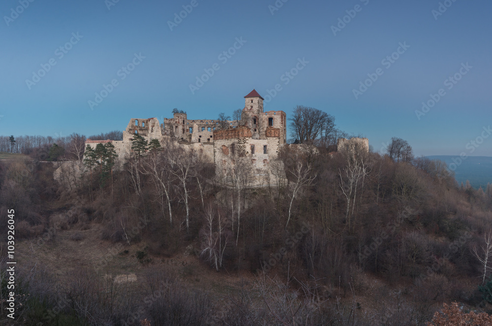 Ruins of medieval castle Teczyn in Rudno, Poland, in the evening