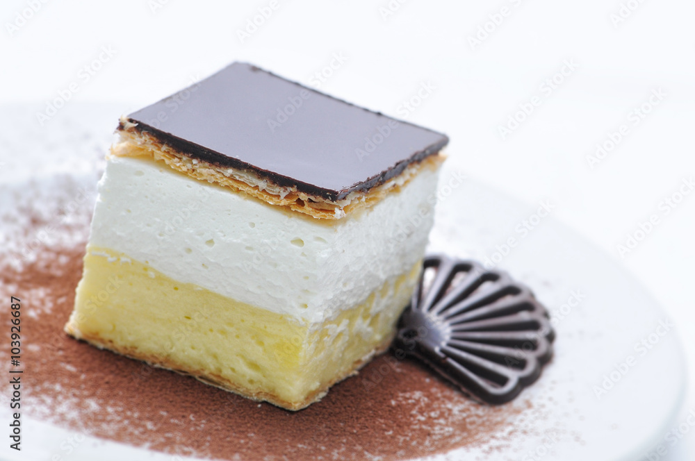 vanilla cream cake with chocolate and cocoa powder on white plate, product photography for patisserie or shop