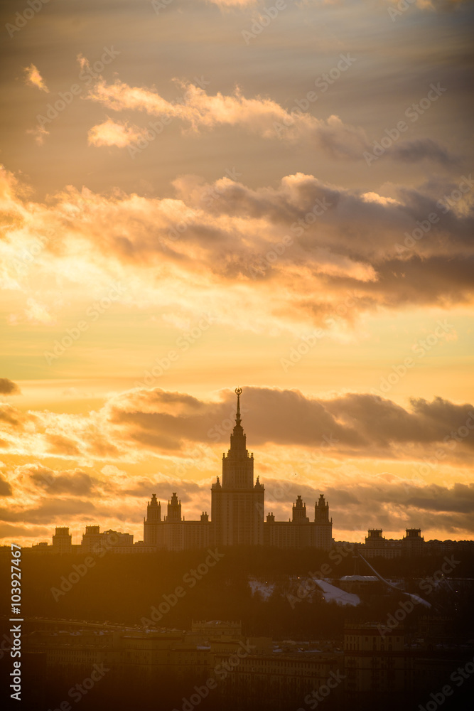 Sunset Moscow State University in winter