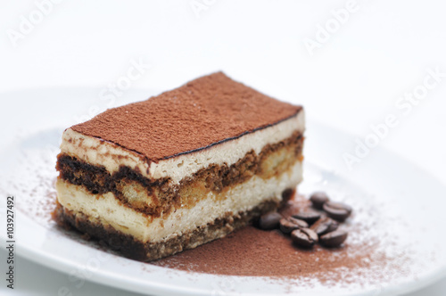 Tiramisu cake with cocoa powder and coffee beans on white plate, photography for patisserie, sponge cake