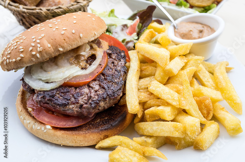 Cheese burger - American cheese burger with Golden French fries