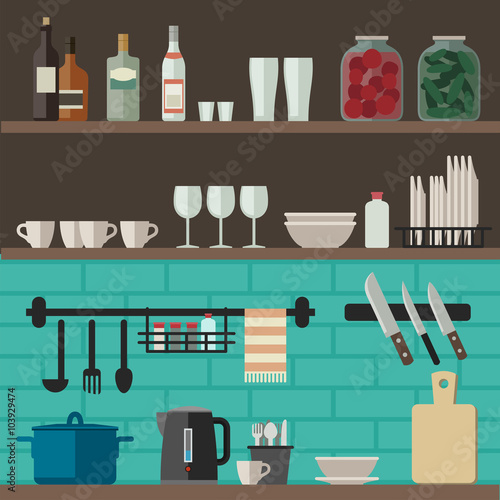 Cooking utensils on shelves.