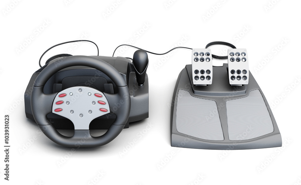 Gaming steering wheel with pedals isolated on white background. Gaming steering wheel with pedals isolated on white background.