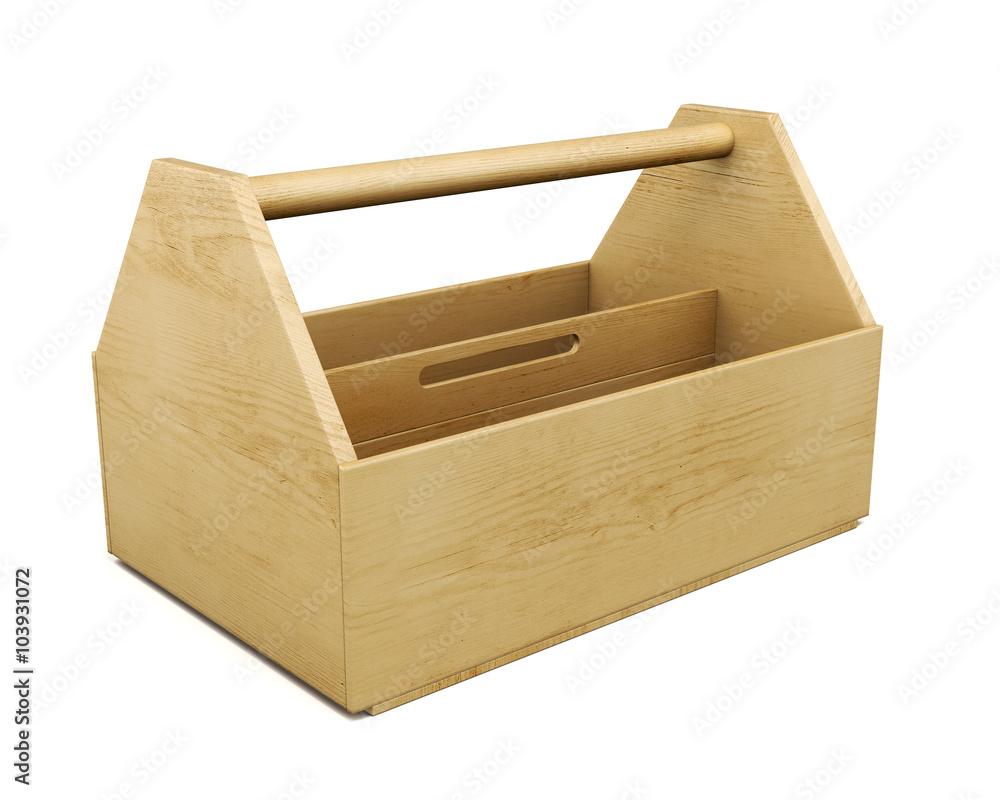 Portable wooden tool box on a white background. 3d rendering Stock