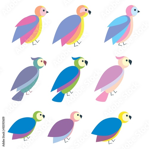 Set of cute colorful bird icon, flat illustration