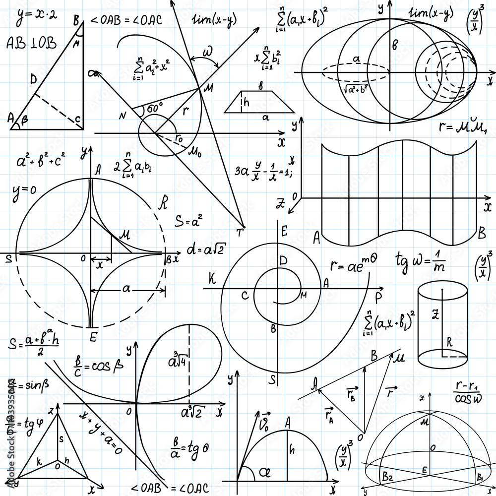 Beautiful vector seamless pattern with mathematical figures and plots, Beautiful vector seamless pattern with mathematical figures and plots,
