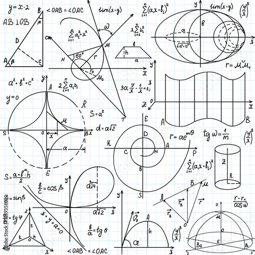 Beautiful vector seamless pattern with mathematical figures and plots, "handwritten on the copybook paper"