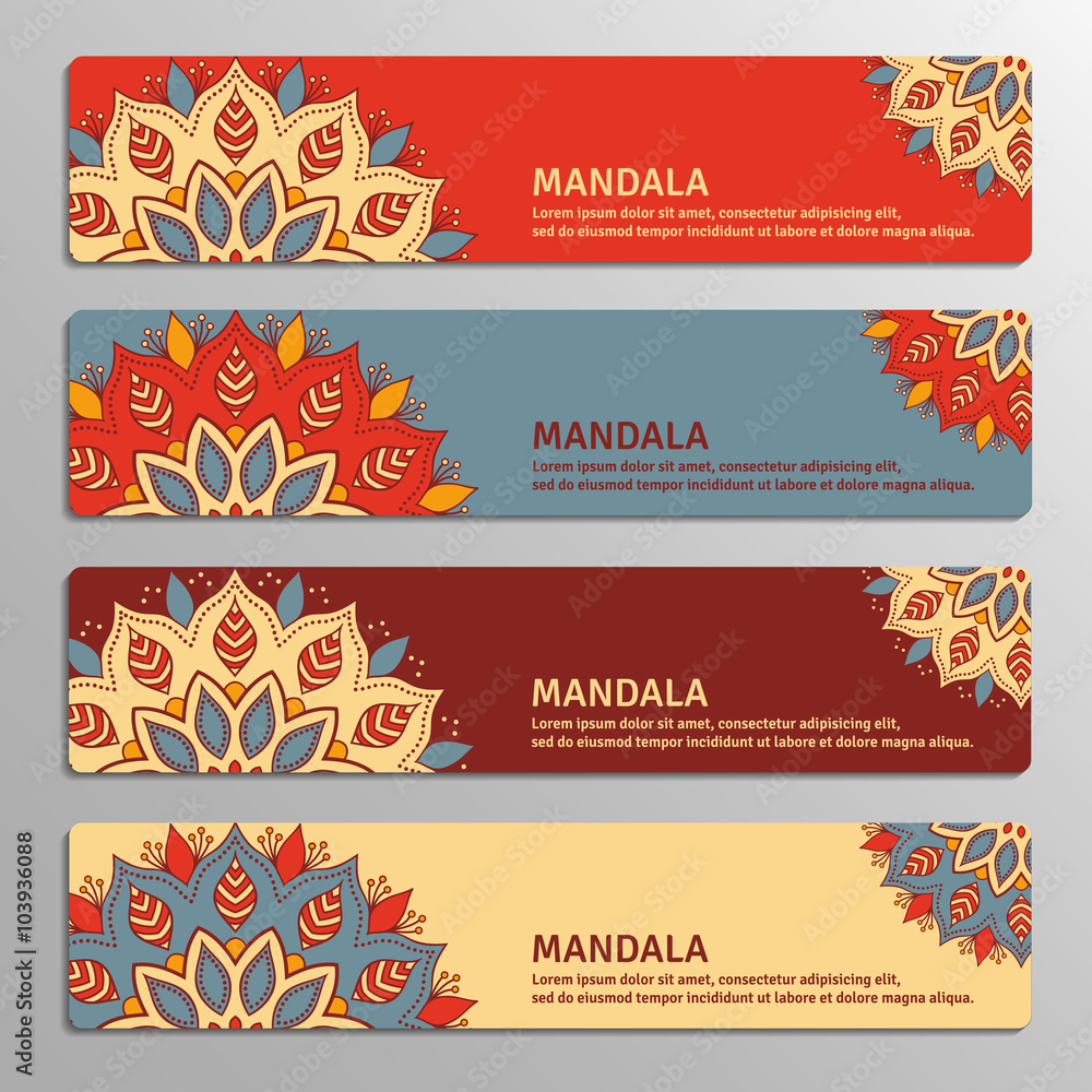 Colorful set of ornamental banners with flower mandala in red, beige, blue, vinous colors. Vintage decorative elements. Vector illustration.