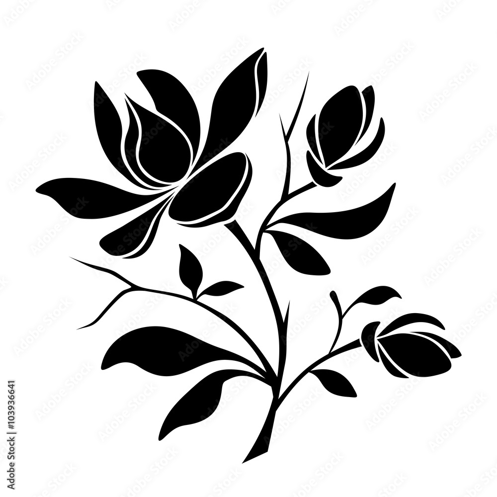 Naklejka premium Vector black silhouette of magnolia flowers on a white background. 