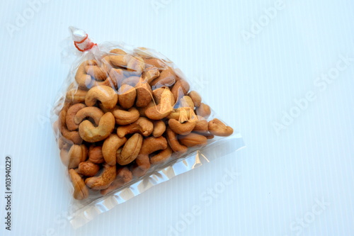 Cashew nuts packaged in a clear plastic bag