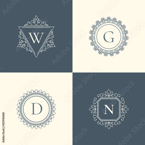 Luxury  logo vintage thin line template concept pictogram. Floral calligraphic elegant ornament linear emblem. Premium quality retro fashion outline sign vector illustration.