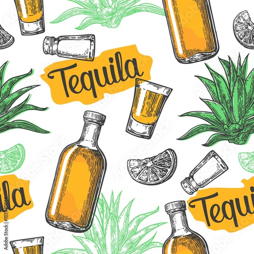 Seamless pattern of glass and botlle, glass, salt, cactus and lime on white background. Vintage vector engraving illustration for label, poster, web, invitation to a tequila party.
