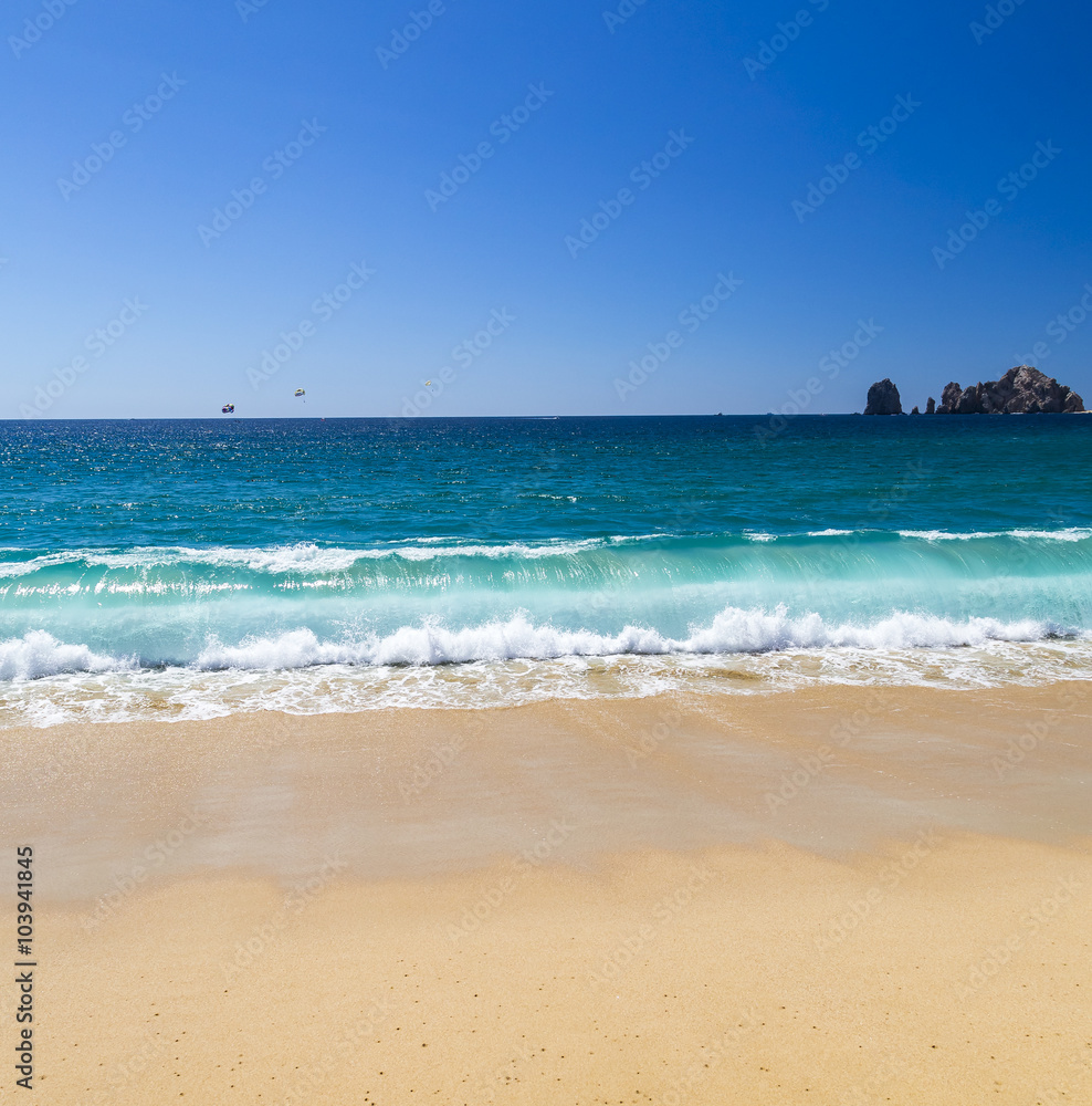 Sandy Beach View of Waves at Beach in Mexico, Cabo San Lucas