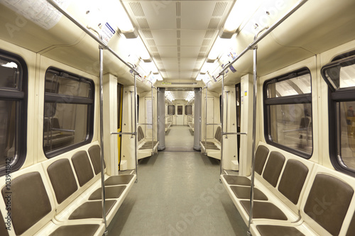 Interior of carriage in Moscow Metro, Russia