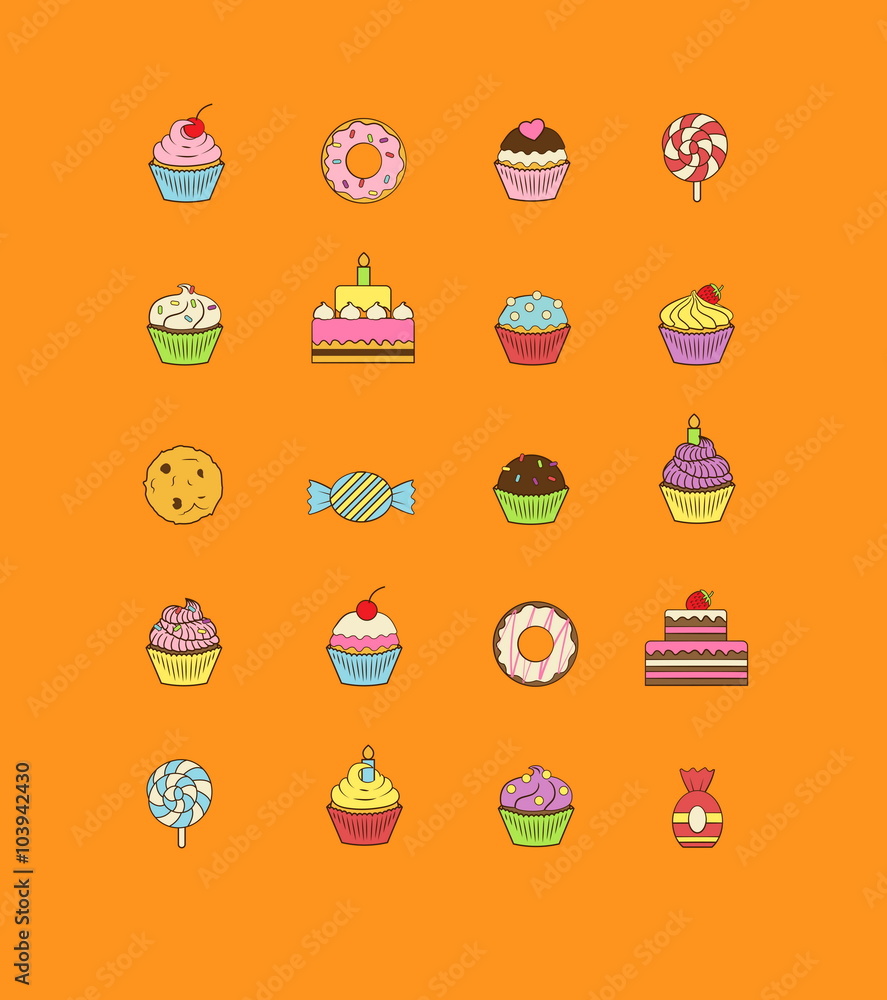 A set of yummy flat outlined icon vector illustrations of various kinds of sweets and desserts. It includes donuts, cupcakes, candies, birthday cakes.