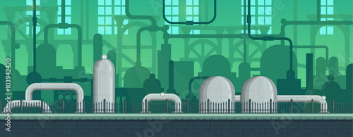 Seamless endless industrial postapocalyptic game environment illustration with pipes and machinery siloettes. Separated layers for game development. photo