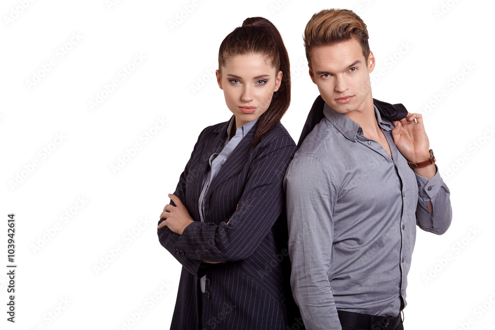 Proud business couple looking at camera isolated on white backgr Proud business couple looking at camera isolated on white backgr