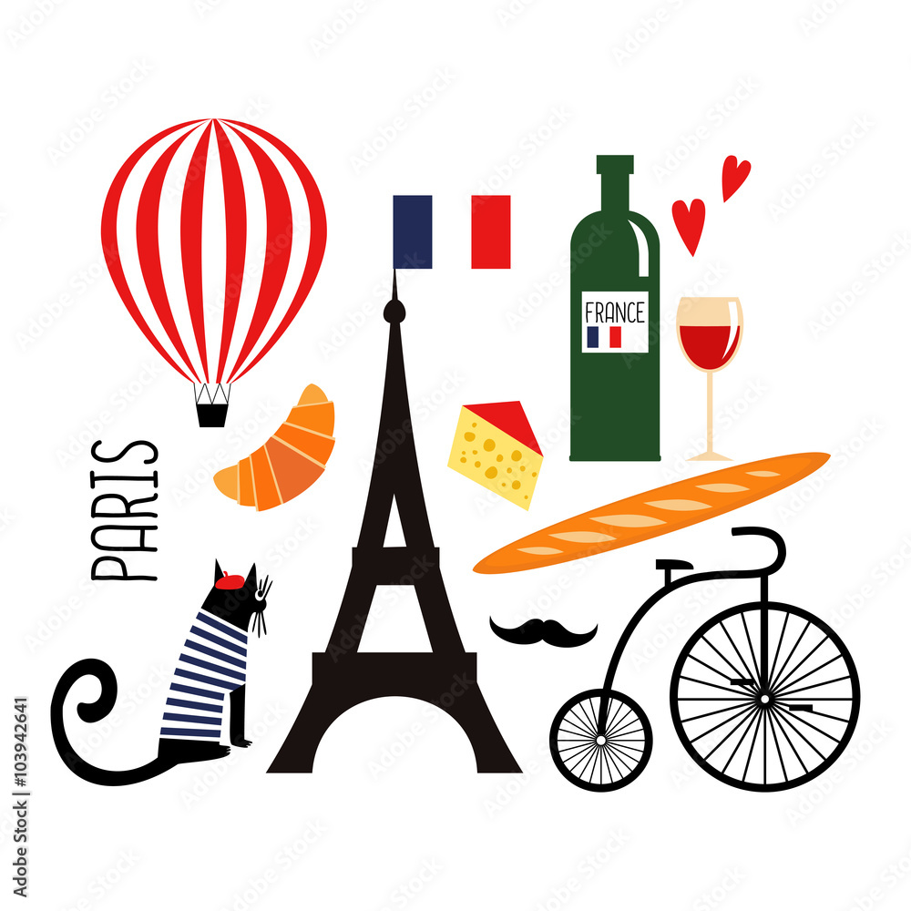 Cute Cartoon French Culture Symbols Wine Eiffel Tower Baguette Cute Cartoon French Culture Symbols Wine Eiffel Tower Baguette