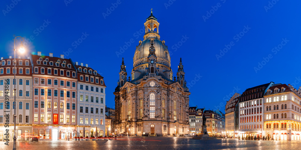 Panorama of Lutheran church of Our Lady aka Frauenkirche with market place at night in Dresden, Saxony, Germany