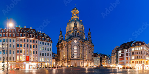 Panorama of Lutheran church of Our Lady aka Frauenkirche with market place at night in Dresden, Saxony, Germany © Kavalenkava