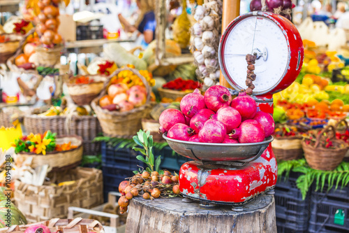 Photography Fruit market with old scales and garnet in Campo di Fiori, Rome