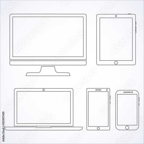 Set of display, laptop, tablet and mobile phones electronic device outline icons template. Vector illustration