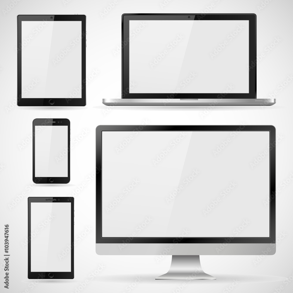Set of realistic computer monitor, laptop, tablet and mobile phone with empty white screen. Various modern electronic gadget isolated on white background. Vector illustration EPS10 Set of realistic computer monitor, laptop, tablet and mobile phone with empty white screen. Various modern electronic gadget isolated on white background. Vector illustration EPS10