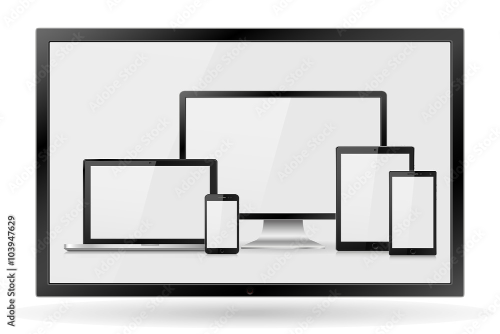 Set of realistic computer monitor,TV, lcd, led, laptop, tablet and mobile phone with empty white screen. Various modern electronic gadget isolated on white background. Vector illustration EPS10 Set of realistic computer monitor,TV, lcd, led, laptop, tablet and mobile phone with empty white screen. Various modern electronic gadget isolated on white background. Vector illustration EPS10