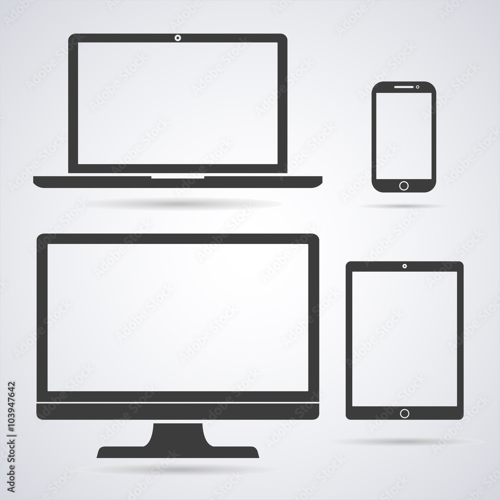 Set of display, laptop, tablet and mobile phones electronic device outline icons template. Vector illustration Set of display, laptop, tablet and mobile phones electronic device outline icons template. Vector illustration