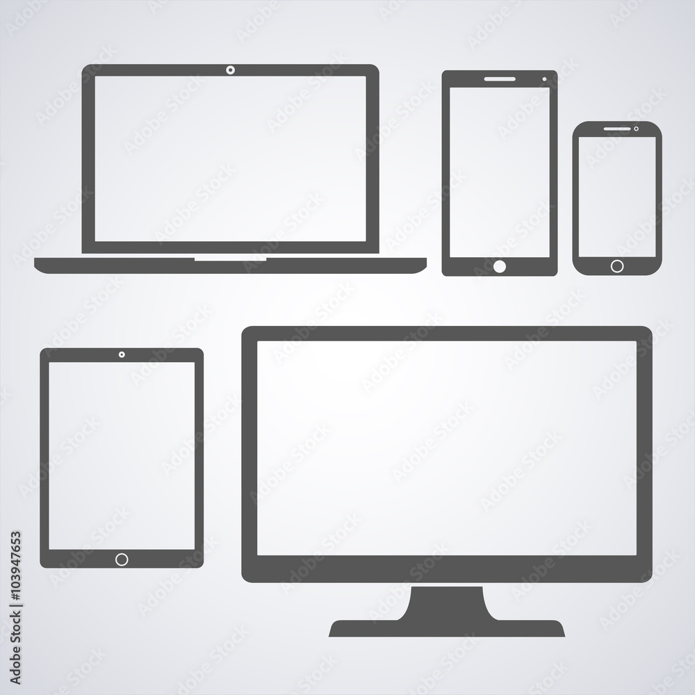 Set of display, laptop, tablet and mobile phones electronic device outline icons template. Vector illustration Set of display, laptop, tablet and mobile phones electronic device outline icons template. Vector illustration