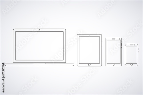 vector illustration laptop, phone, tablet silhouettes,outlines on a white background,with empty white screen,EPS10