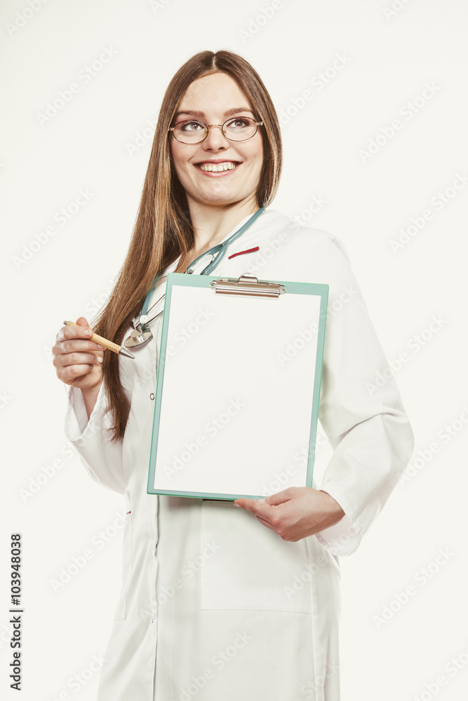 Woman doctor with stethoscope, clipboard and pen. Woman doctor with stethoscope, clipboard and pen.
