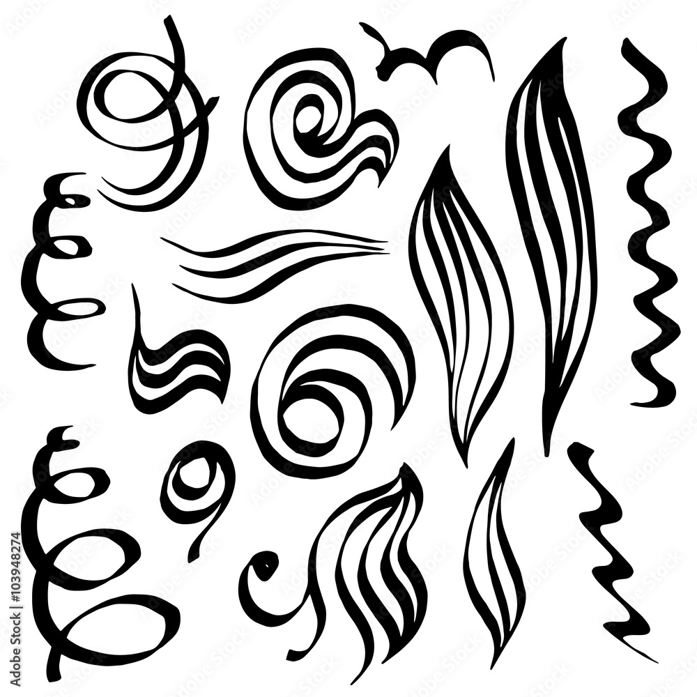 Fototapeta premium Spiral curls and sketched abstract lines. Hand-drawn doodle maked by calligraphy pen.