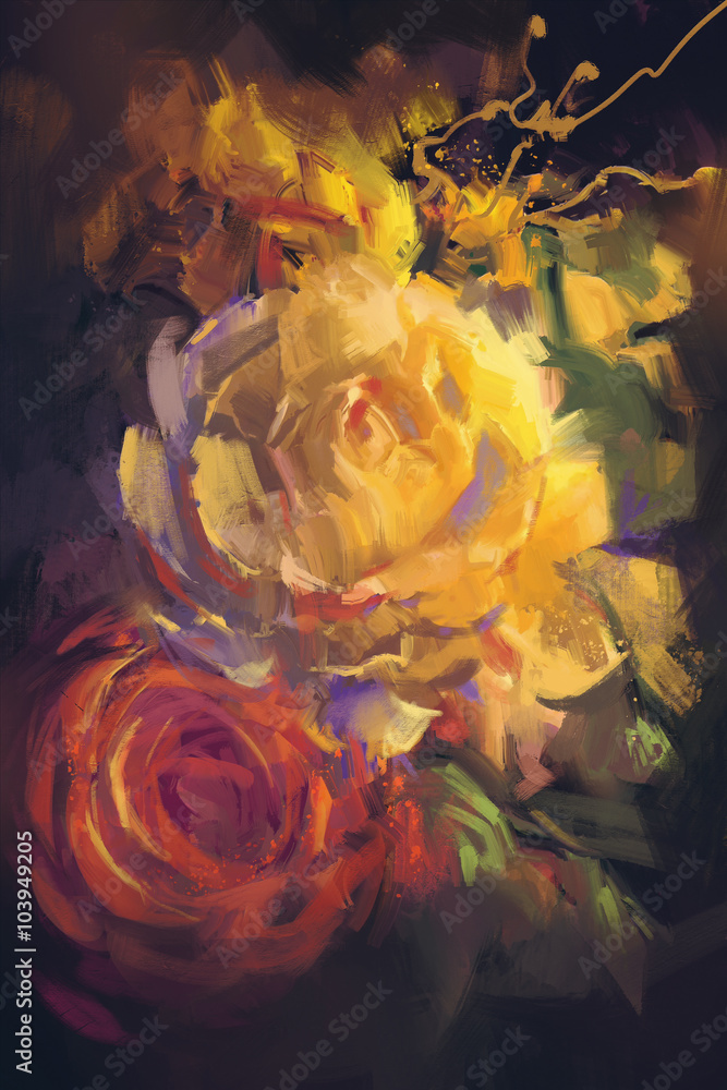 Obraz bukiet kolorowych róż w stylu malarstwa olejnego