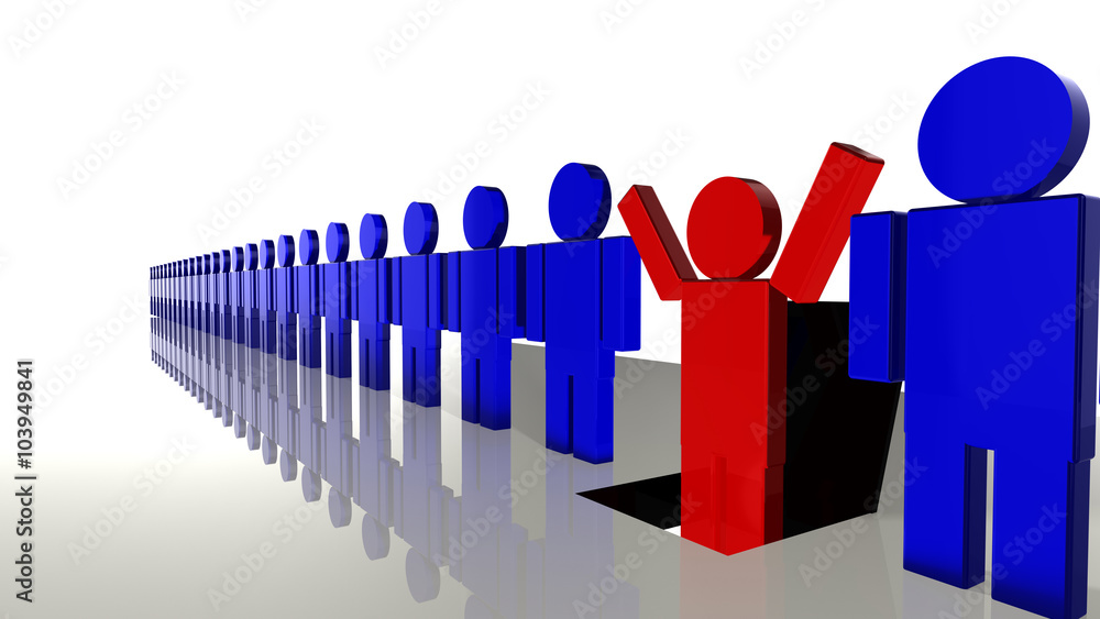 Line of workers with one falling into a trap door Line of workers with one falling into a trap door