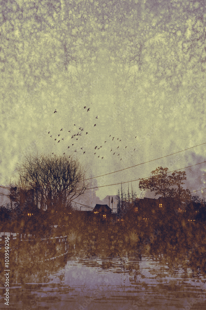 Fototapeta premium river village with grunge texture,illustration art