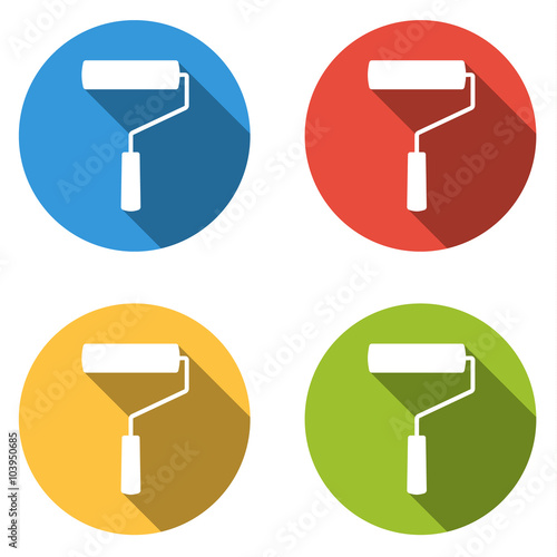 Collection of 4 flat buttons in different colors with paint roll