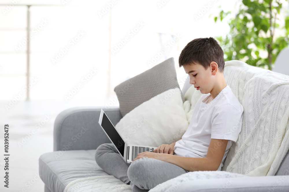 Little boy using laptop on a sofa at home Little boy using laptop on a sofa at home