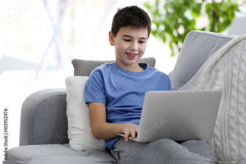 Little boy using laptop on ...