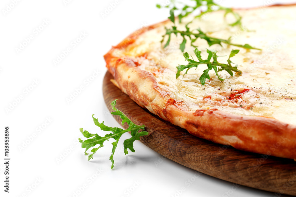 Pizza full of cheese on wooden board isolated on white background, close up Pizza full of cheese on wooden board isolated on white background, close up