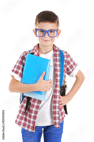 Funny little boy with plastic glasses and back pack holding books, isolated on white