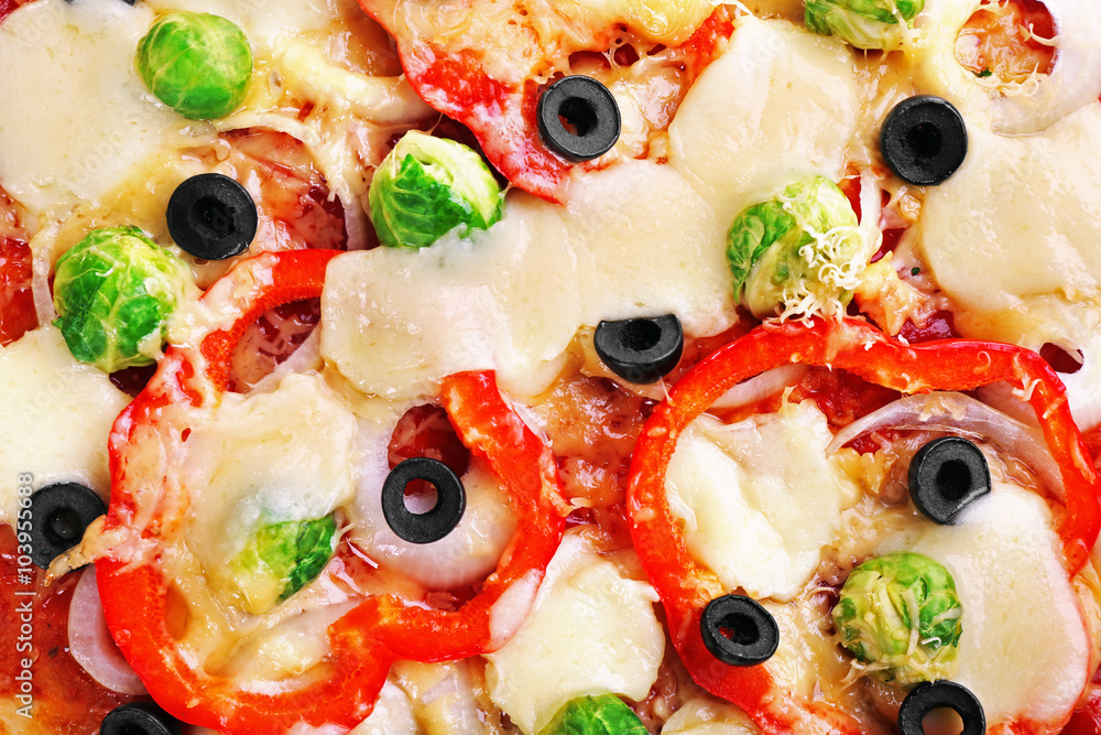 Delicious pizza with cheese and vegetables closeup Delicious pizza with cheese and vegetables closeup