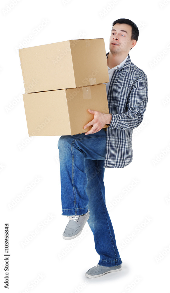 Man holding carton boxes isolated on white background Man holding carton boxes isolated on white background