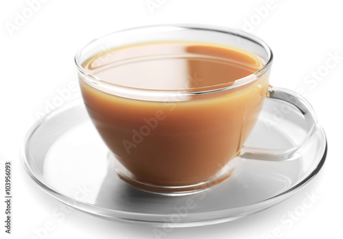Glass cup of tea with milk isolated on white background